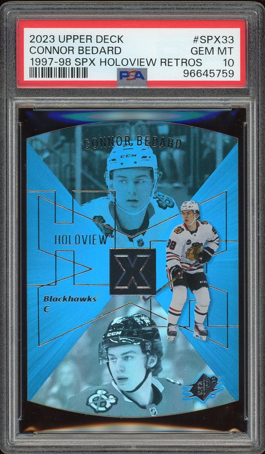 2023 Upper Deck #SPX33 Connor Bedard 1997-98 SPX Holoview Retros PSA 10 GEM MT