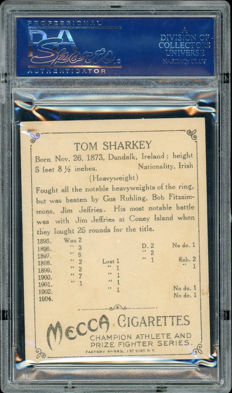 1910 Mecca Cigarettes T220 Tom Sharkey PSA 5.5 EX +