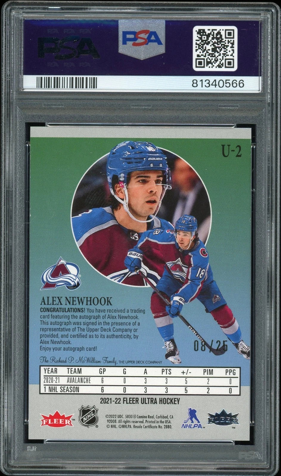 2021 Fleer Ultra #U2 Alex Newhook UPD Achievements Auto PSA 9 Mint Auto 9