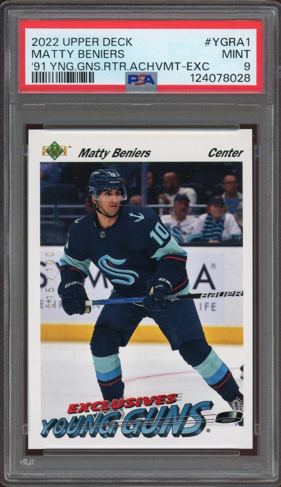 2022 Upper Deck #YGRA1 Matty Beniers 1991 Young Guns Retro Achievement Exclusives PSA 9 Mint