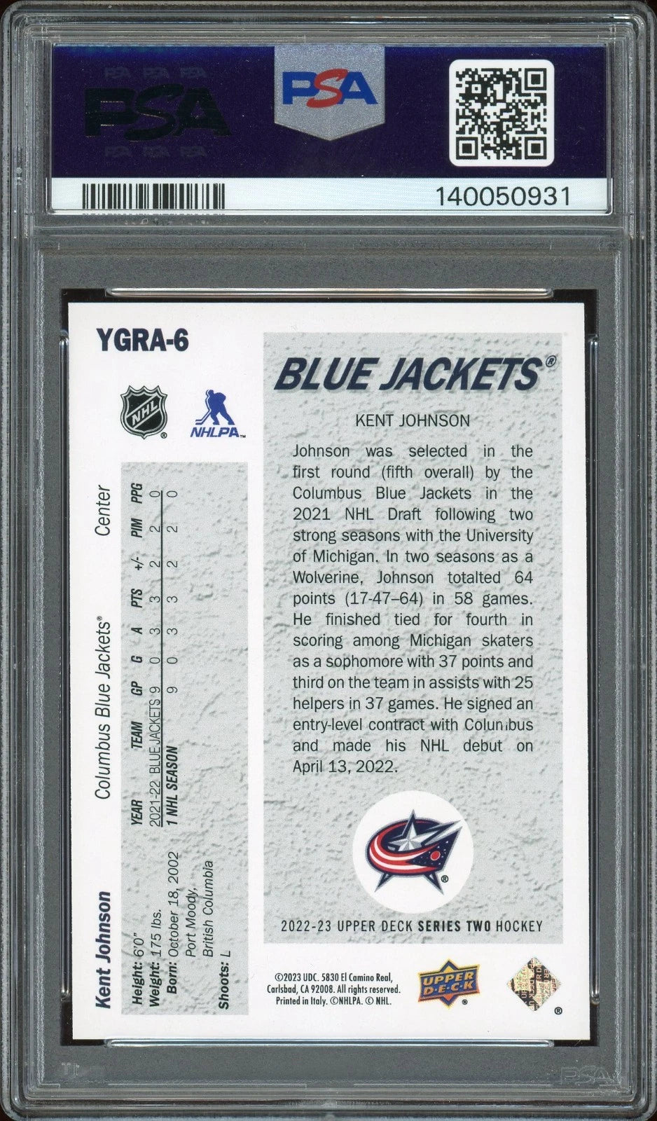 2022 Upper Deck #YGRA-6 Kent Johnson '91 Young Guns Retro Achievement PSA 9 Mint